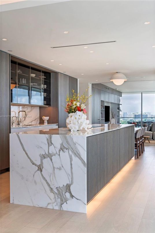 Interior, Kitchen, Marble Walls, Recessed Lighting, Stainless Steel Appliances, Water