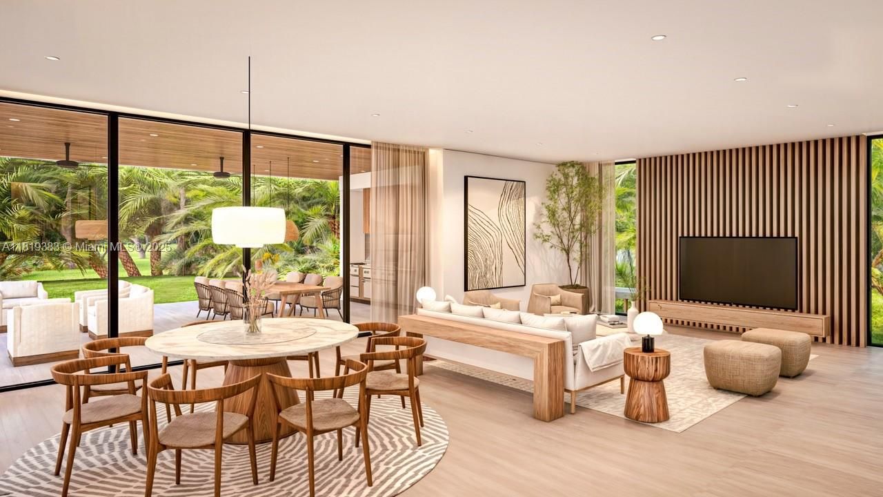 Dining room, Interior, Living room, Recessed Lighting, Wood Texture Flooring