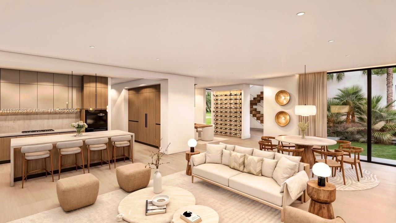 Dining room, Interior, Living room, Pendant Lights, Recessed Lighting, Wood Texture Flooring