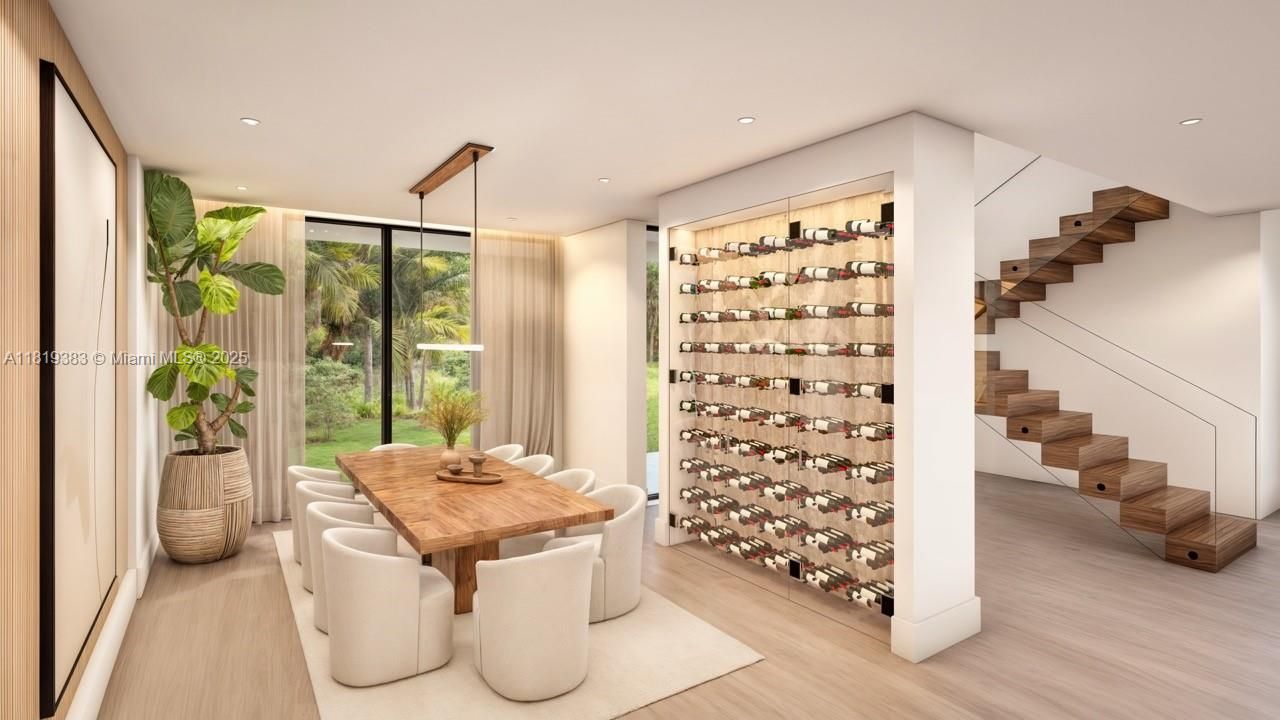 Dining room, Interior, Recessed Lighting, Wine Storage, Wood Texture Flooring