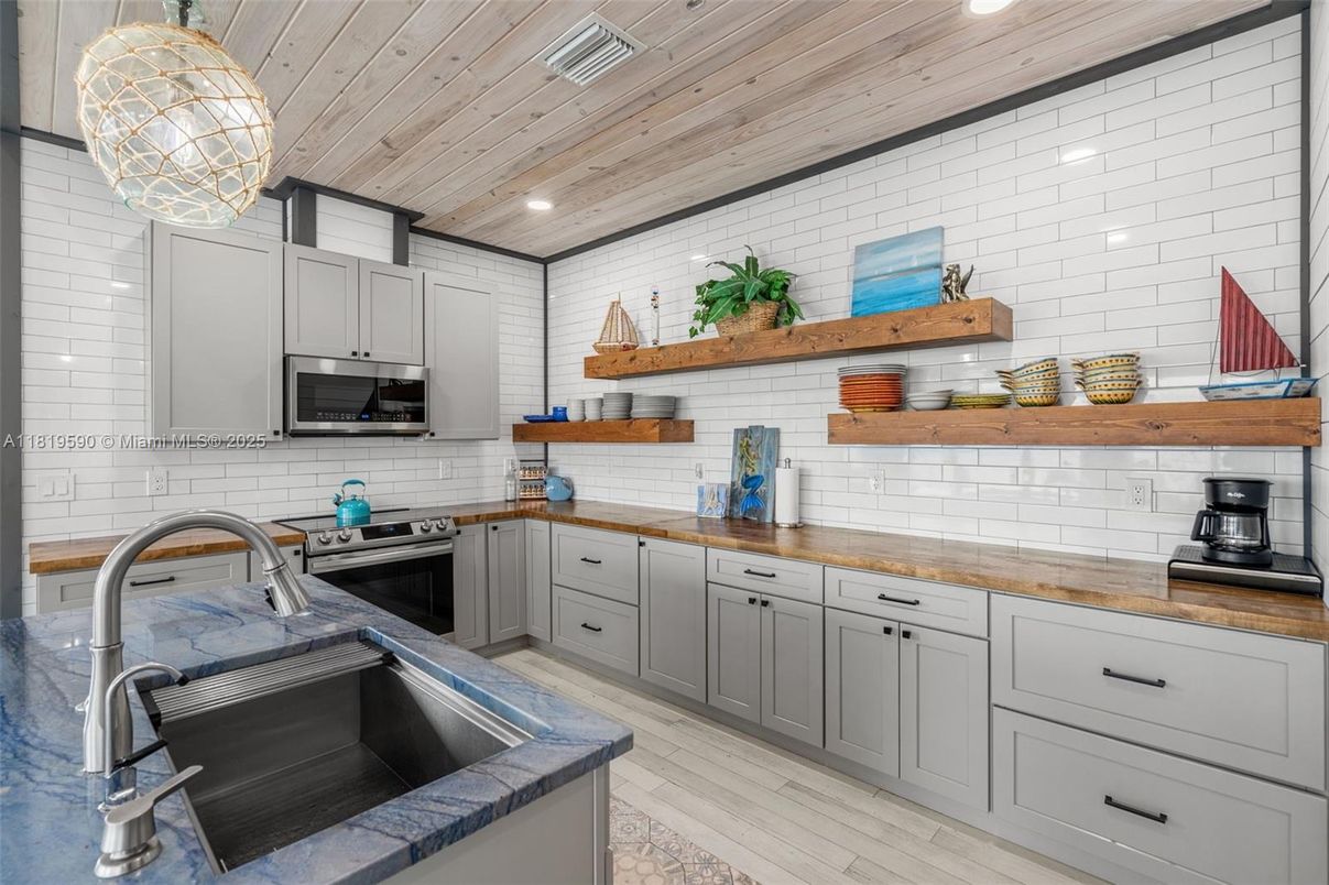 Interior, Kitchen, Recessed Lighting, Stainless Steel Appliances, Wooden Ceilings, Wood Texture Flooring