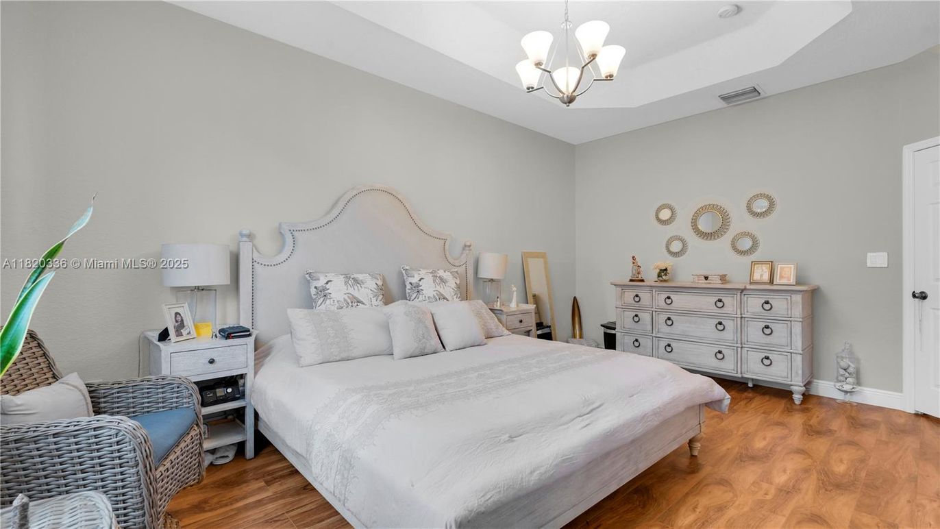 Bedroom, Chandelier, Interior, Wood Texture Flooring