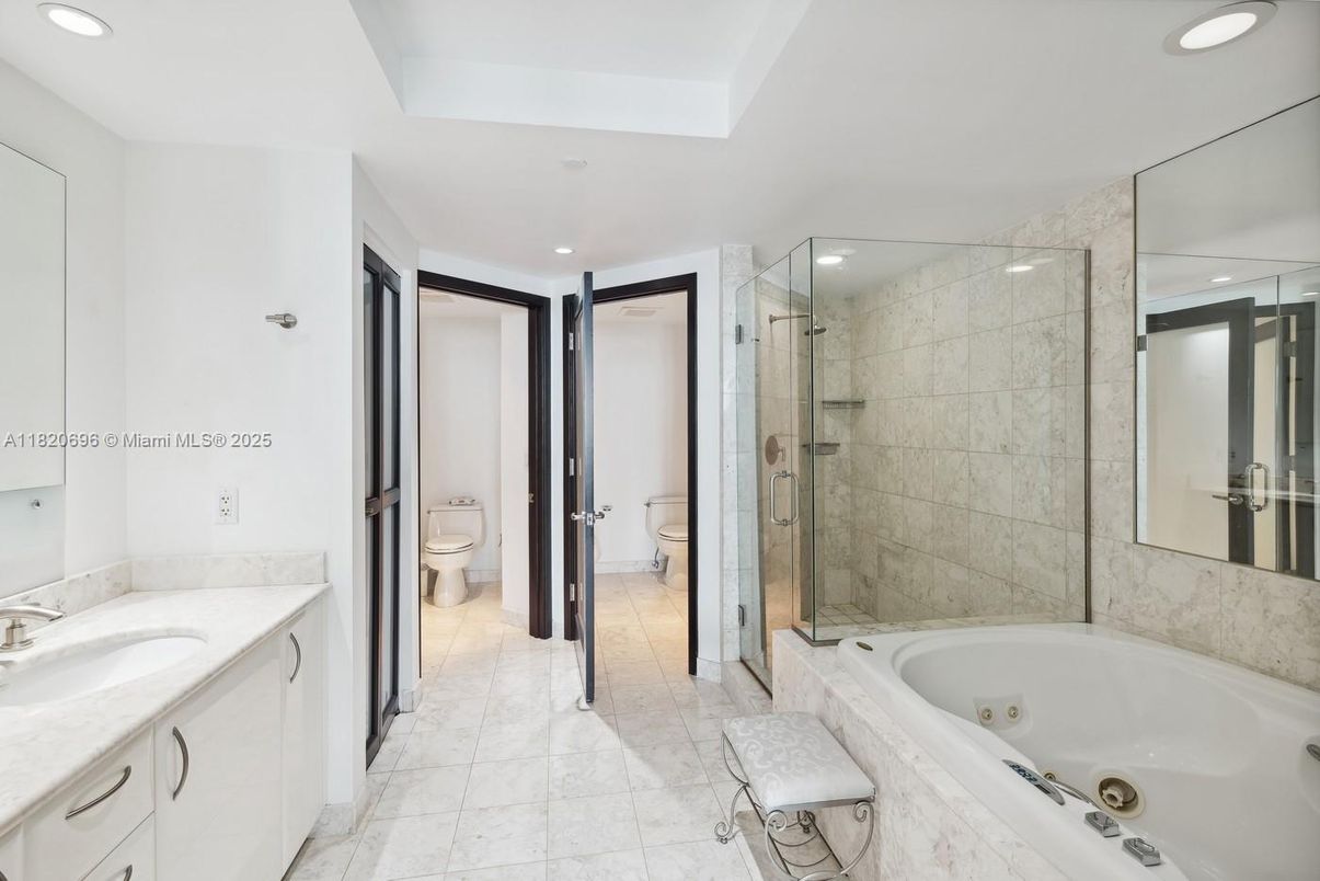 Bathroom, Dual Sink Vanities, Glass Shower, Interior, Marble, Recessed Lighting