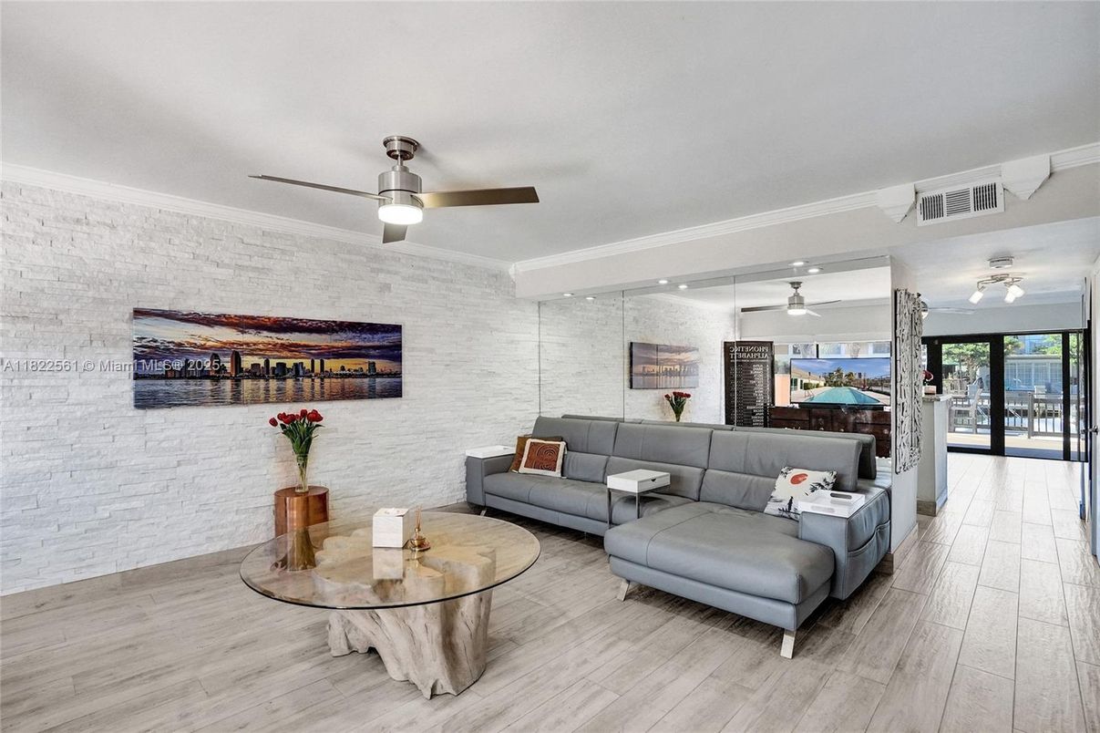 Interior, Living room, Recessed Lighting, Stone Walls, Wood Texture Flooring