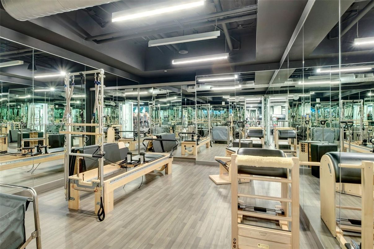 Fitness Equipment, Gym, Interior, Recessed Lighting, Wood Texture Flooring