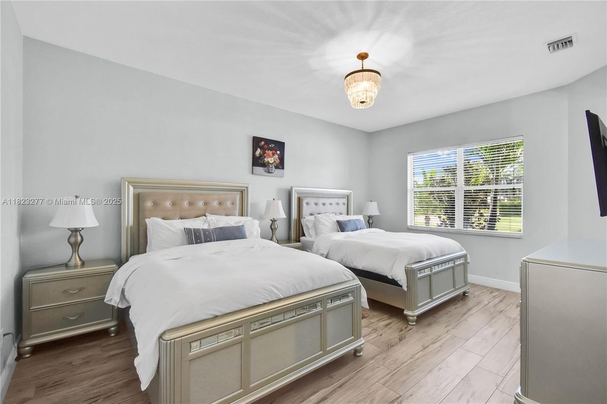 Bedroom, Chandelier, Interior, Wood Texture Flooring