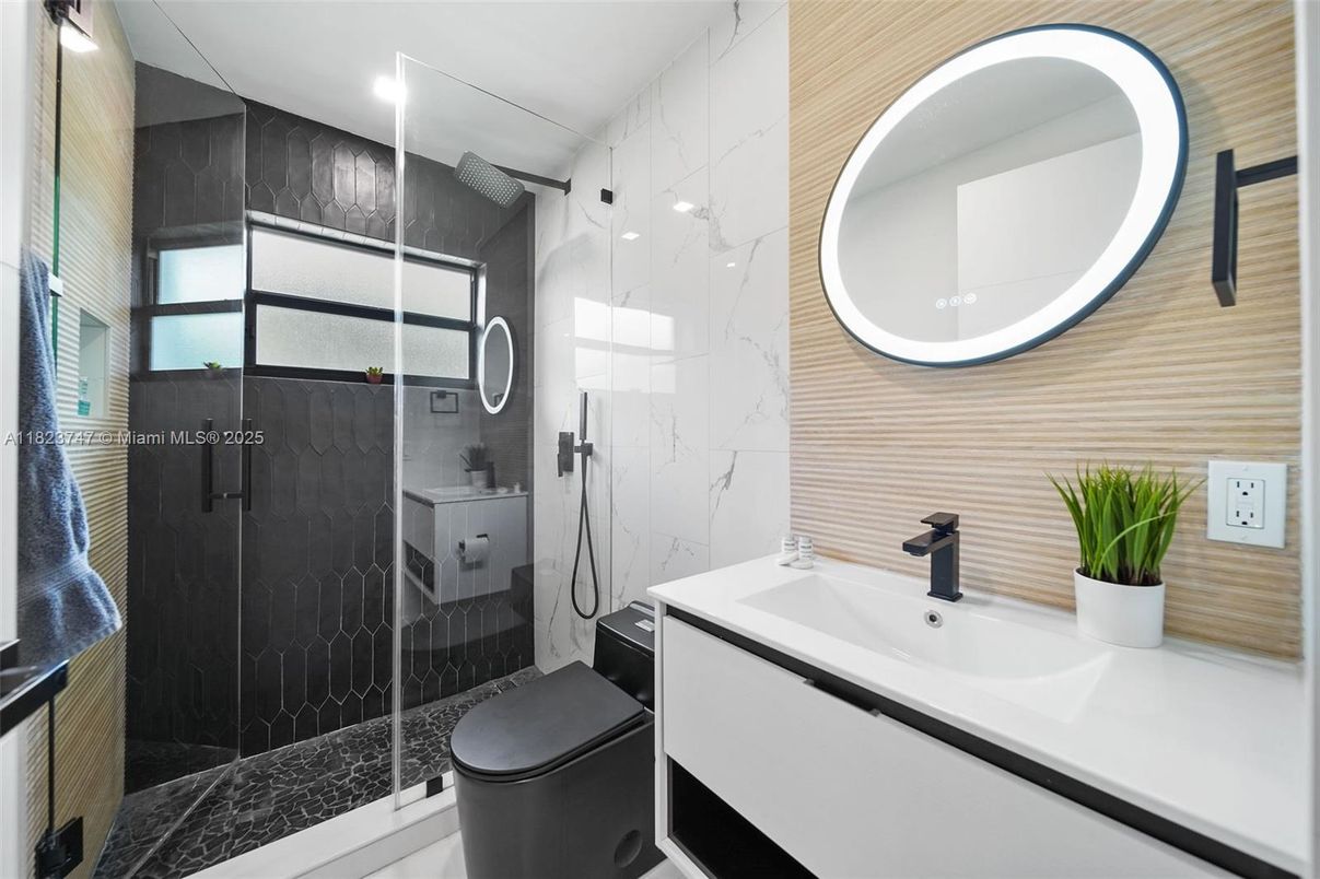 Bathroom, Glass Shower, Interior, Marble Walls, Recessed Lighting