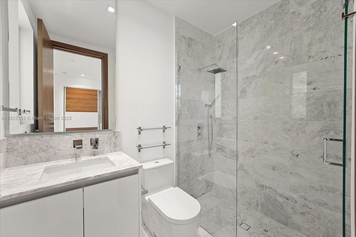 Bathroom, Glass Shower, Interior, Marble Walls, Recessed Lighting