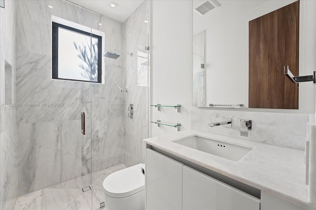 Bathroom, Glass Shower, Interior, Marble, Marble Walls, Recessed Lighting