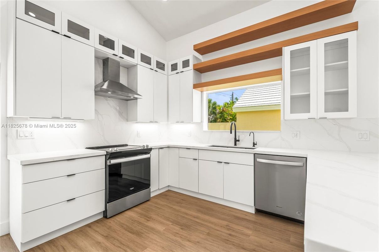 Interior, Kitchen, Marble Walls, Stainless Steel Appliances, Wood Texture Flooring