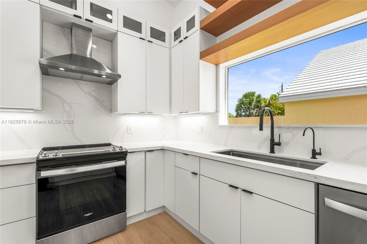 Interior, Kitchen, Marble Walls, Stainless Steel Appliances, Wood Texture Flooring