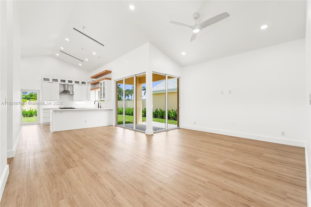 Empty room, Interior, Kitchen, Recessed Lighting, Wood Texture Flooring