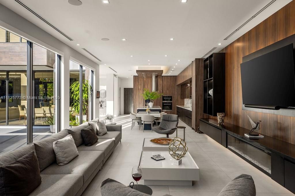 Dining room, Interior, Kitchen, Living room, Recessed Lighting, Wooden Walls