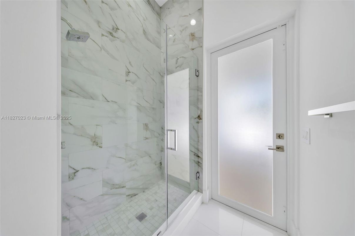 Bathroom, Glass Shower, Interior, Marble Walls, Recessed Lighting