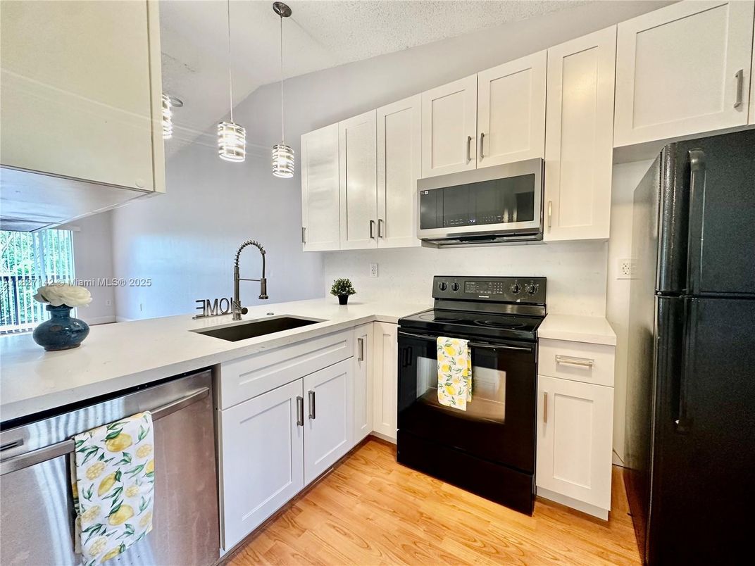 Interior, Kitchen, Pendant Lights, Stainless Steel Appliances, Wood Texture Flooring