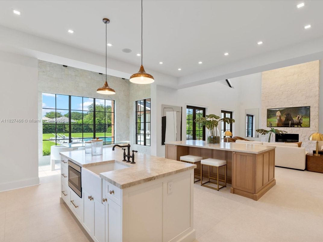 Fireplace, Interior, Kitchen, Living room, Pendant Lights, Recessed Lighting