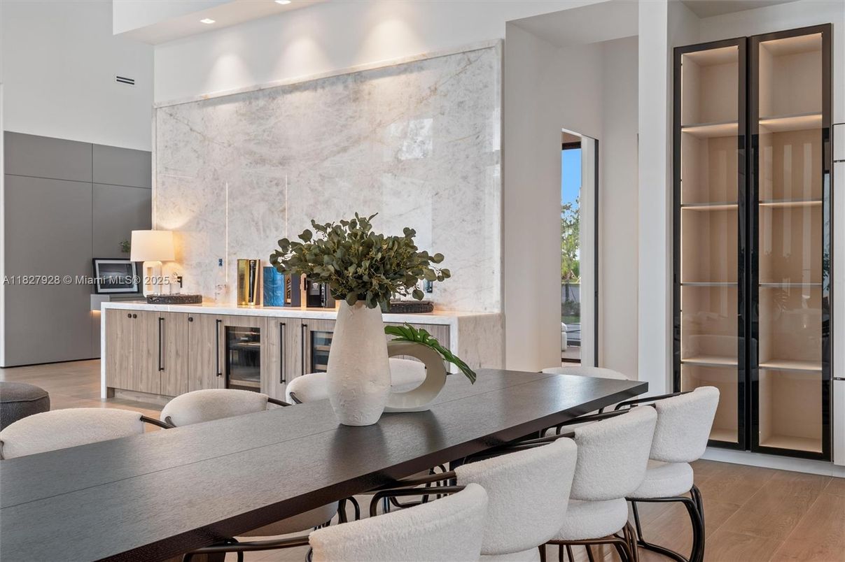 Dining room, Interior, Marble Walls, Recessed Lighting, Wood Texture Flooring