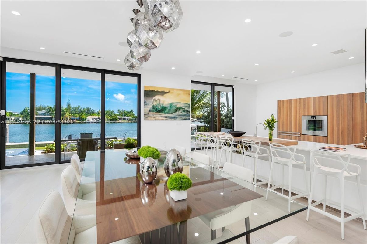 Dining room, Interior, Kitchen, Pendant Lights, Recessed Lighting, Water, Wood Texture Flooring
