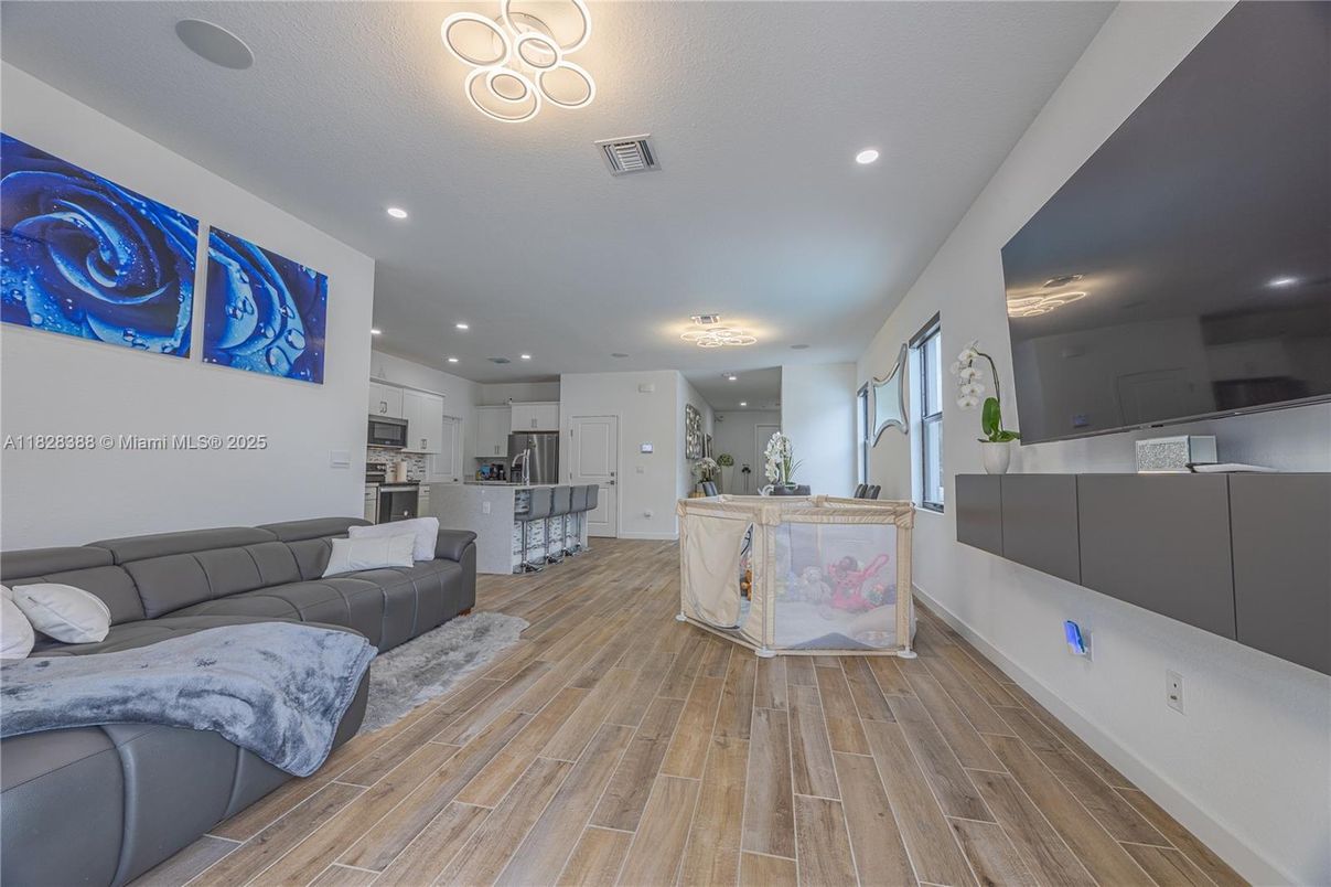 Interior, Kitchen, Living room, Recessed Lighting, Stainless Steel Appliances, Wood Texture Flooring
