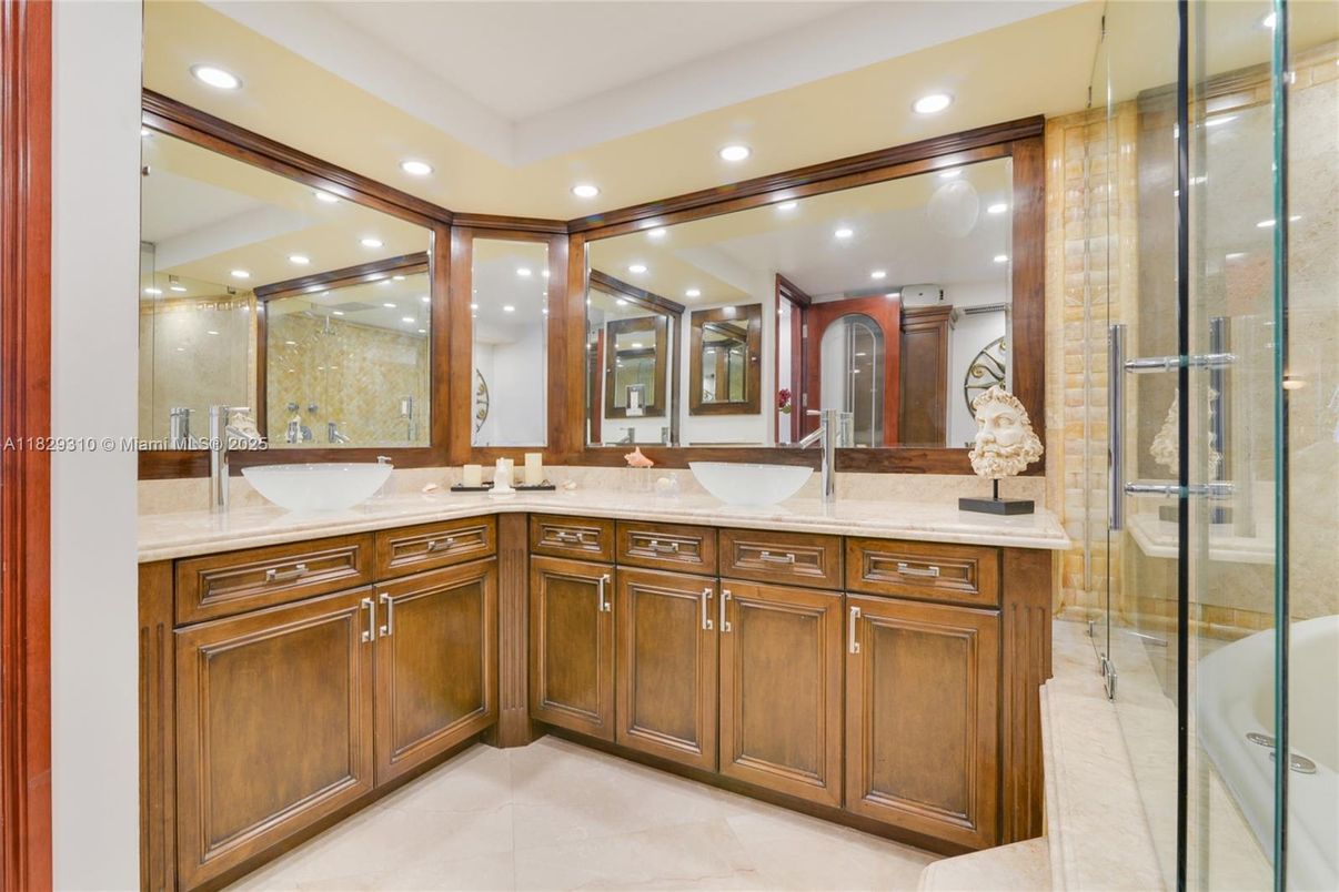 Bathroom, Dual Sink Vanities, Glass Shower, Interior, Recessed Lighting