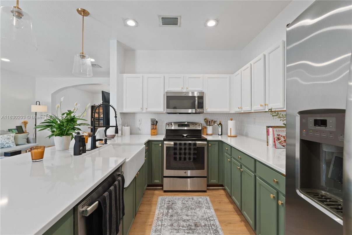 Interior, Kitchen, Pendant Lights, Recessed Lighting, Stainless Steel Appliances, Wood Texture Flooring