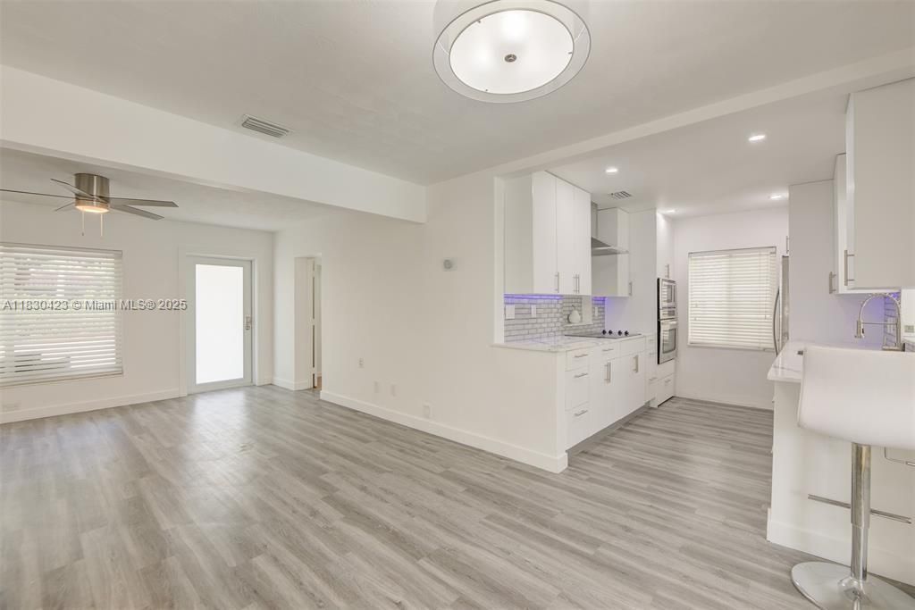 Empty room, Interior, Kitchen, Recessed Lighting, Wood Texture Flooring