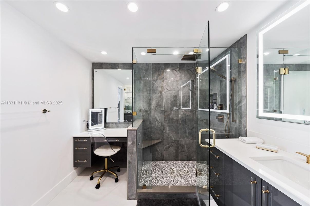 Bathroom, Glass Shower, Interior, Marble Walls, Recessed Lighting
