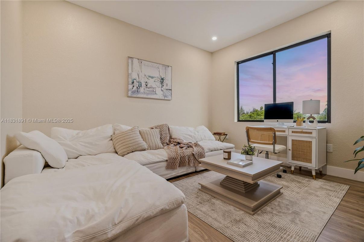 Bedroom, Home Office, Interior, Living room, Recessed Lighting, Wood Texture Flooring