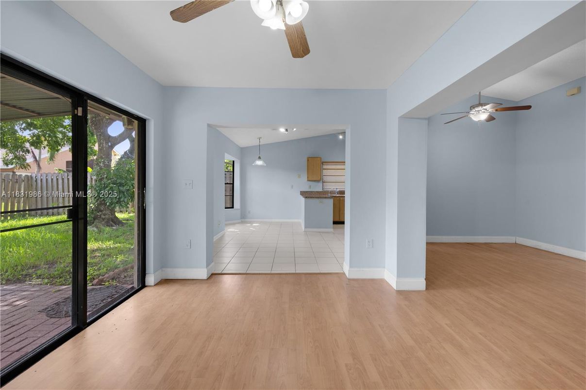 Empty room, Interior, Kitchen, Pendant Lights, Recessed Lighting, Wood Texture Flooring