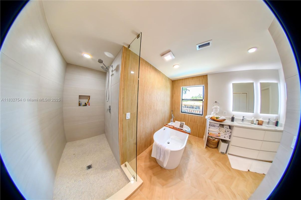 Bathroom, Interior, Recessed Lighting, Wood Texture Flooring, Wooden Walls