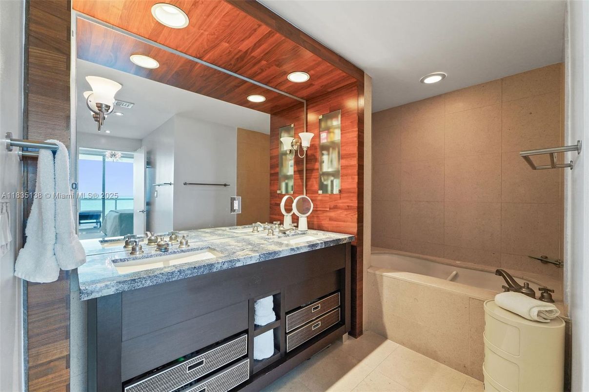 Bathroom, Dual Sink Vanities, Interior, Recessed Lighting, Wooden Ceilings