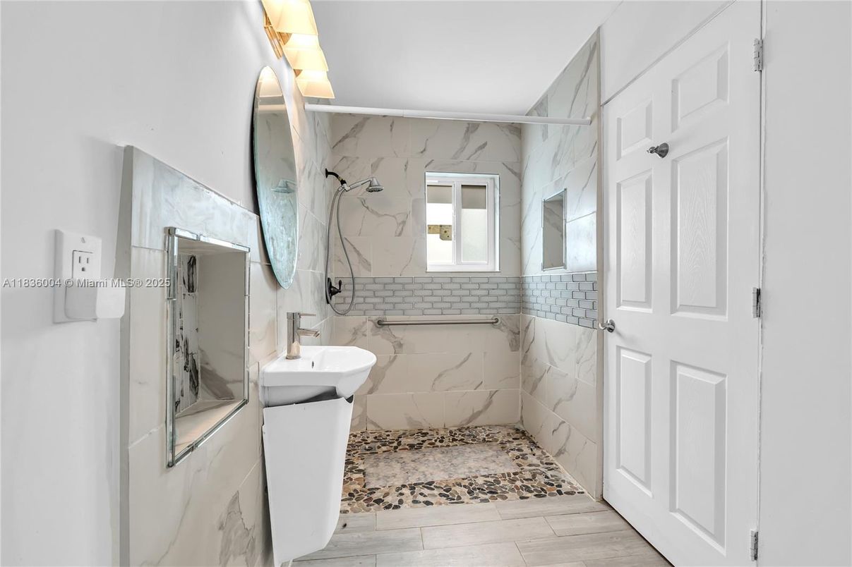 Bathroom, Interior, Marble Walls, Wood Texture Flooring