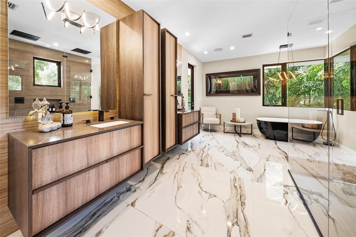 Bathroom, Dual Sink Vanities, Free Standing Baths, Glass Shower, Interior, Marble, Pendant Lights, Recessed Lighting