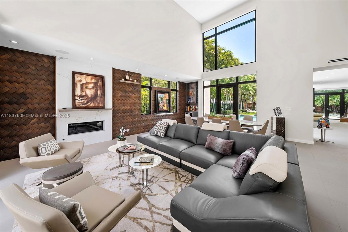 Dining room, Fireplace, Interior, Living room, Recessed Lighting, Stone Walls