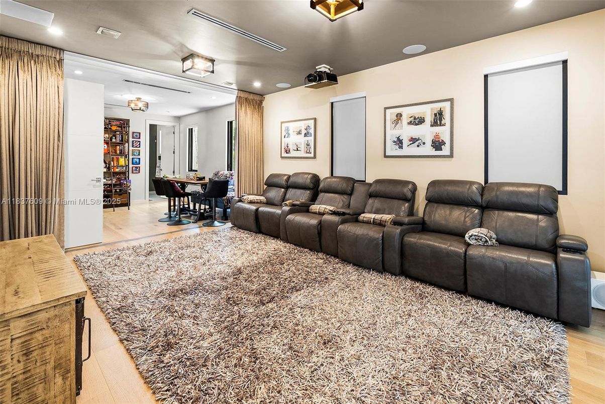 Home Theatre Room, Dining room, Interior, Living room, Recessed Lighting, Wood Texture Flooring