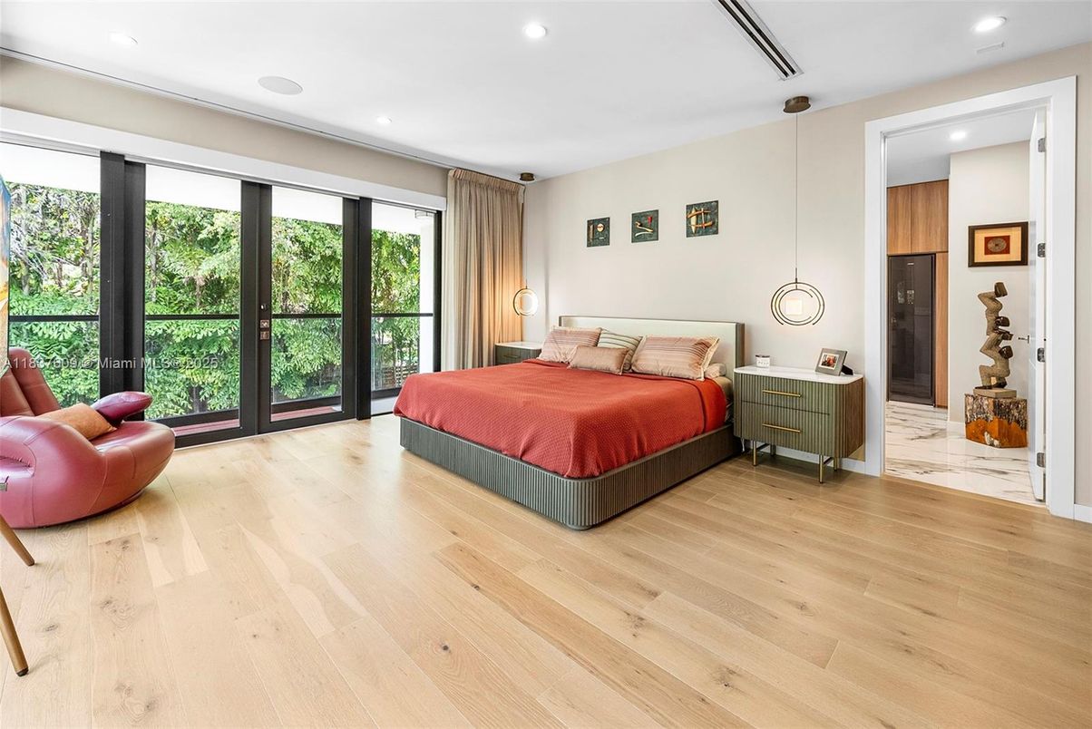 Bedroom, Interior, Marble, Pendant Lights, Recessed Lighting, Wood Texture Flooring