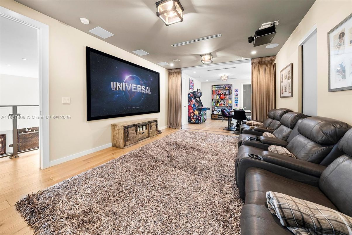 Home Theatre Room, Interior, Living room, Projection Screen, Recessed Lighting, Theatre Room, Wood Texture Flooring