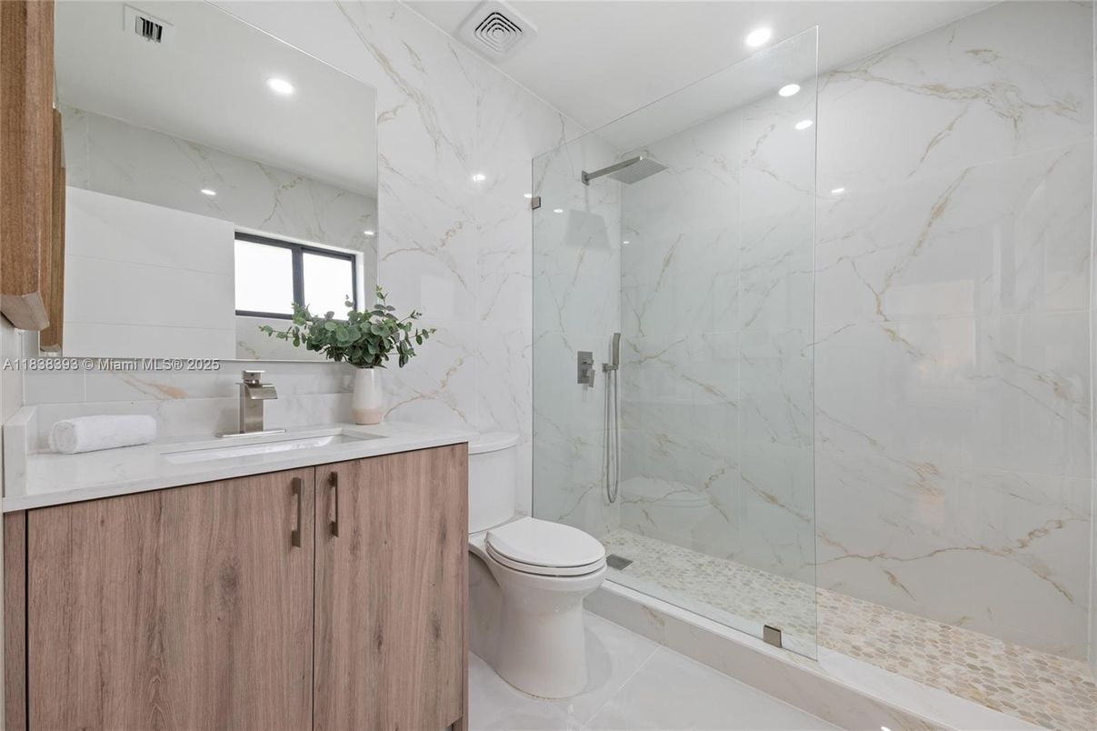 Bathroom, Glass Shower, Interior, Marble Walls, Recessed Lighting