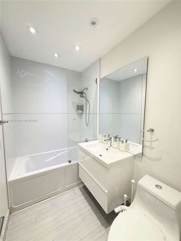 Bathroom, Interior, Recessed Lighting, Wood Texture Flooring