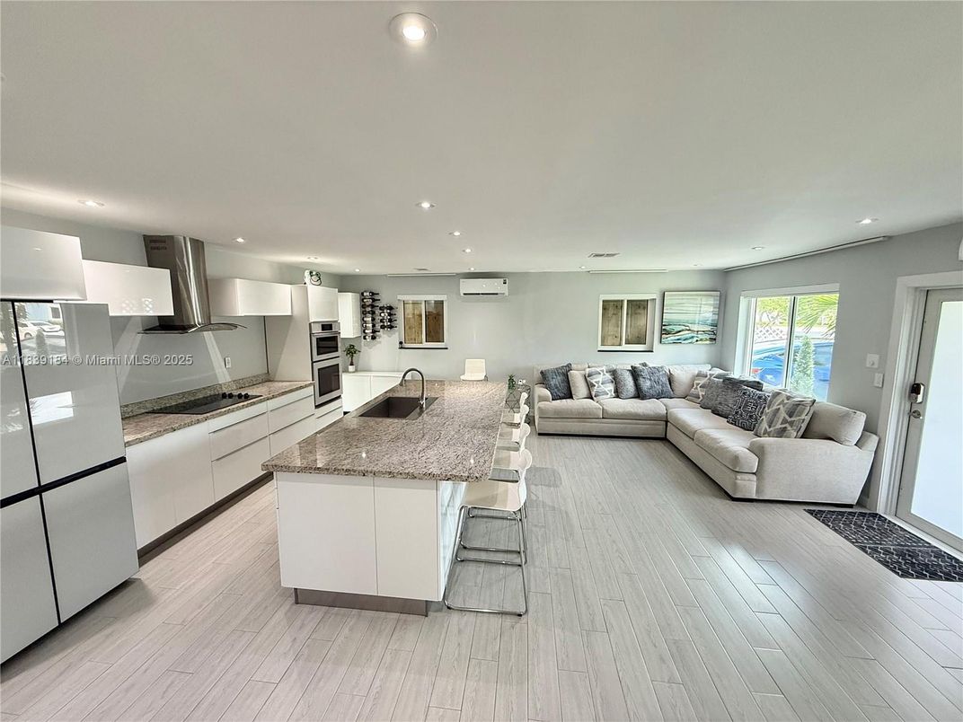 Interior, Kitchen, Living room, Recessed Lighting, Stainless Steel Appliances, Wood Texture Flooring