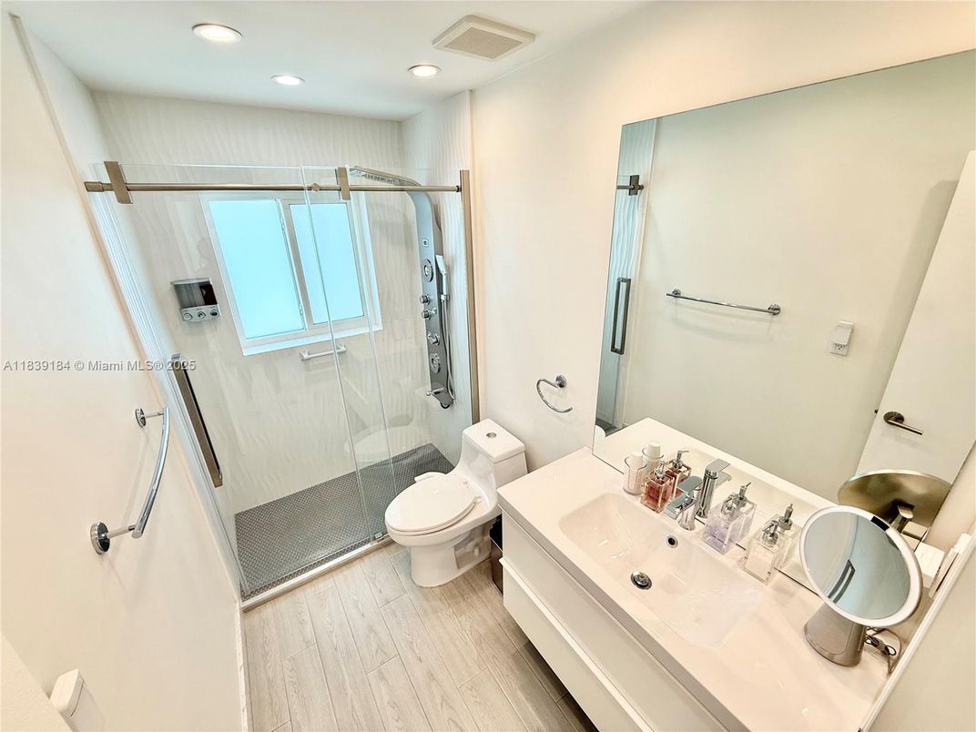 Bathroom, Glass Shower, Interior, Recessed Lighting, Wood Texture Flooring