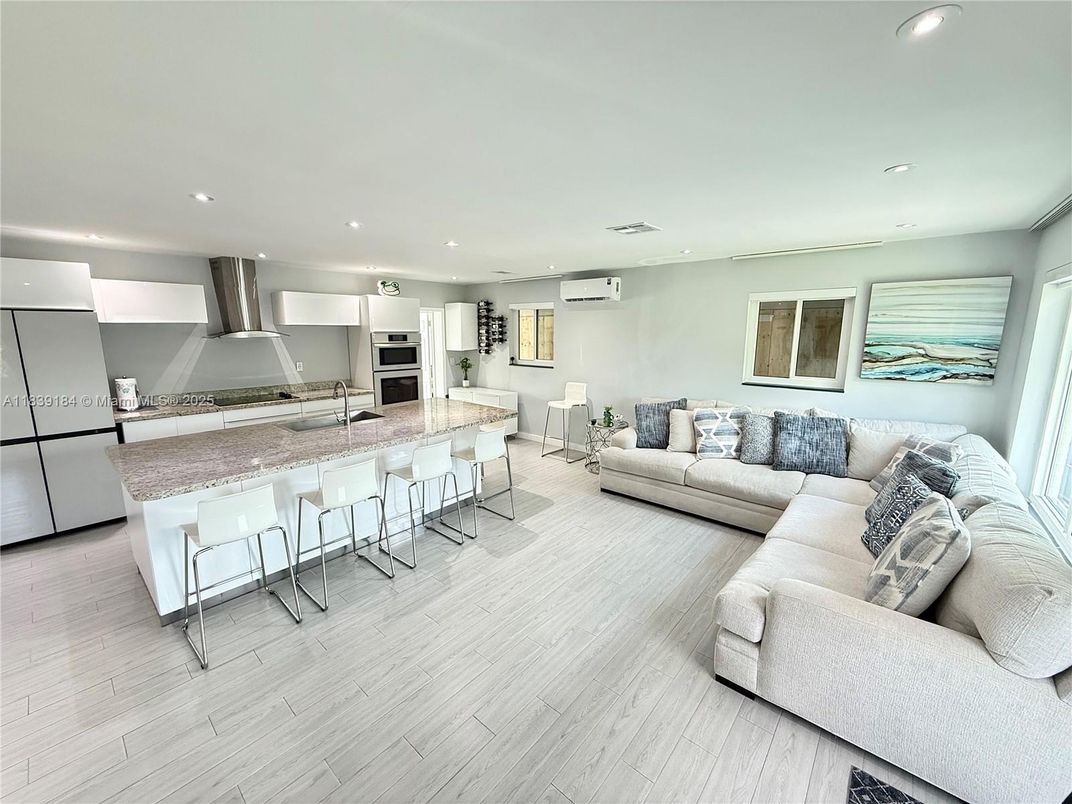 Interior, Kitchen, Living room, Recessed Lighting, Stainless Steel Appliances, Wood Texture Flooring