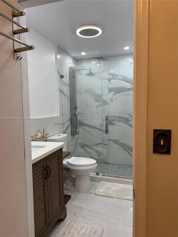 Bathroom, Glass Shower, Interior, Marble, Marble Walls, Recessed Lighting