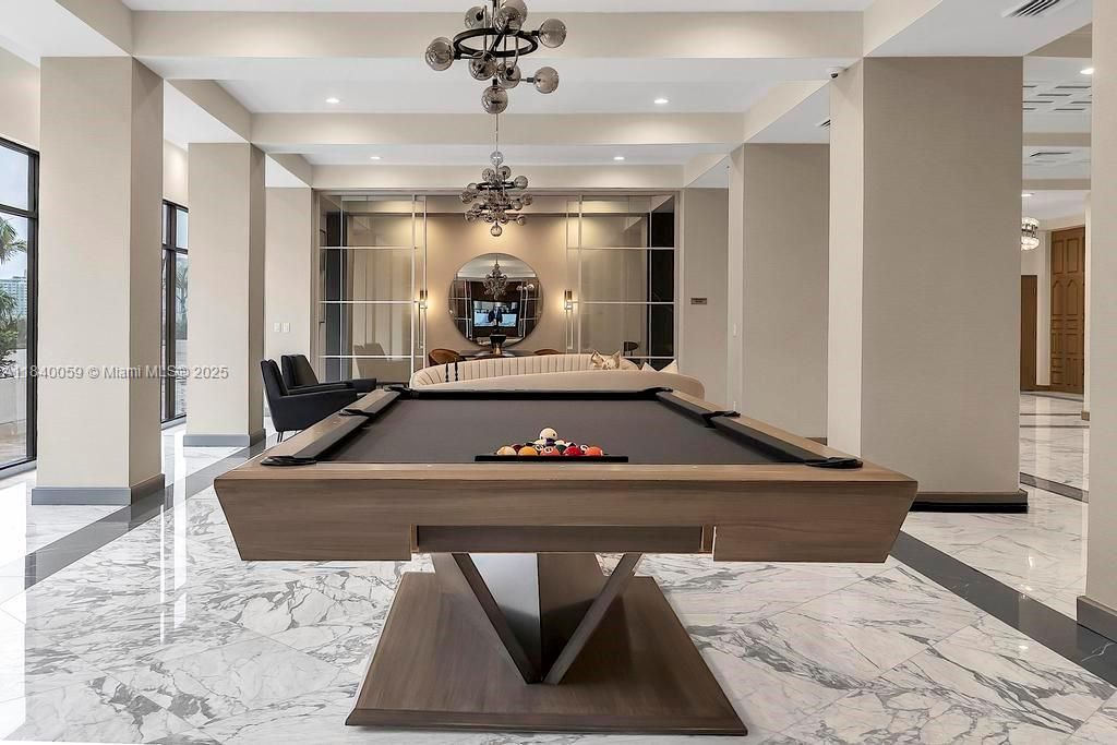 Billiard Table, Game Room, Interior, Marble, Pendant Lights, Recessed Lighting