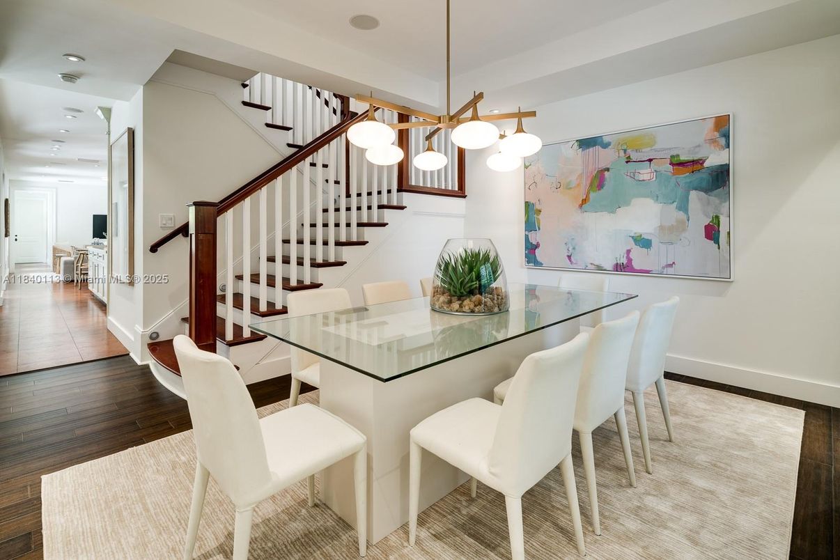 Dining room, Interior, Pendant Lights, Recessed Lighting, Wood Texture Flooring