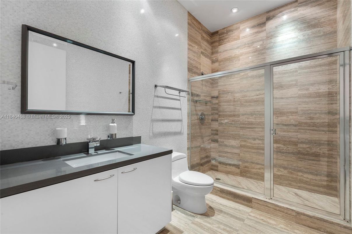 Bathroom, Glass Shower, Interior, Recessed Lighting, Wood Texture Flooring