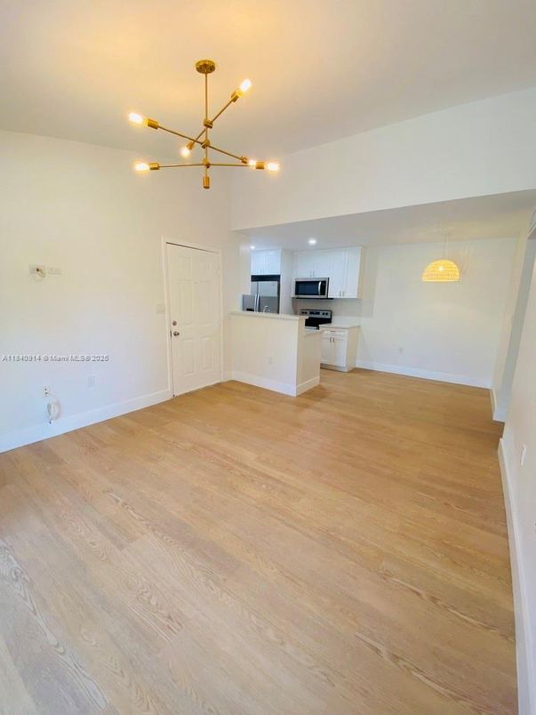 Empty room, Interior, Kitchen, Pendant Lights, Wood Texture Flooring