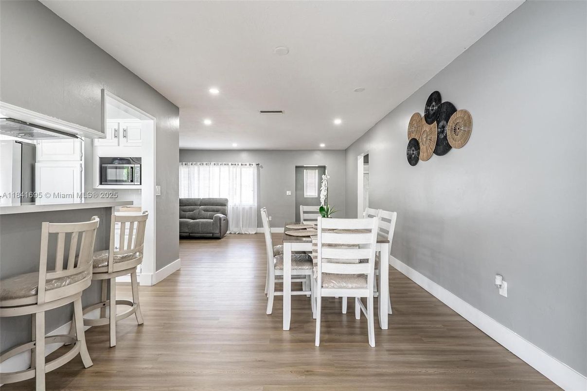 Dining room, Interior, Recessed Lighting, Wood Texture Flooring