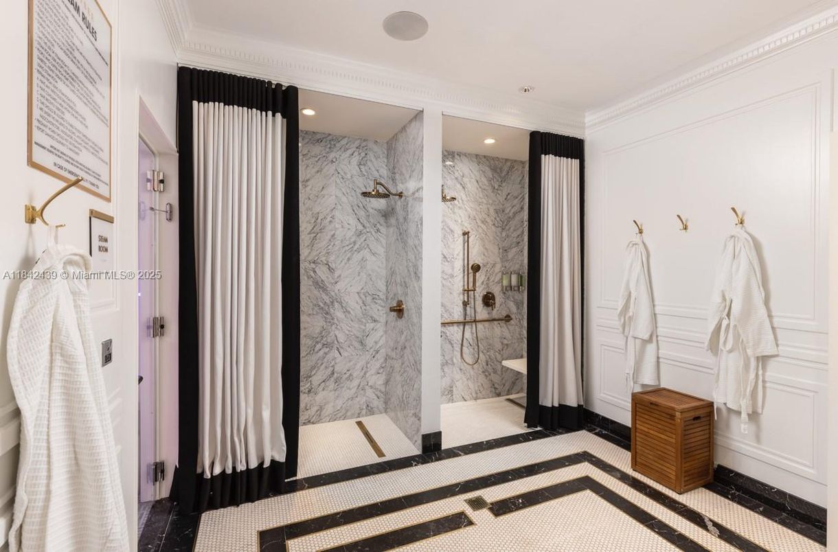 Bathroom, Glass Shower, Interior, Marble Walls, Recessed Lighting