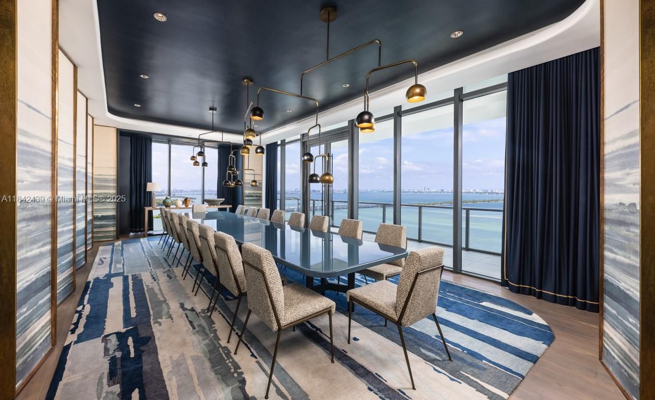 Dining room, Interior, Pendant Lights, Recessed Lighting, Water, Wood Texture Flooring